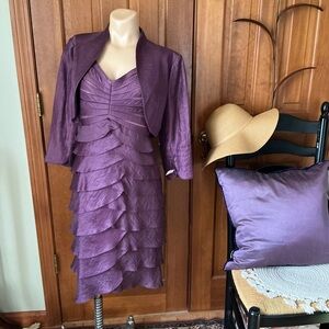 Adrianna Papell Purple tiered hammered Satin Layered Midi Dress